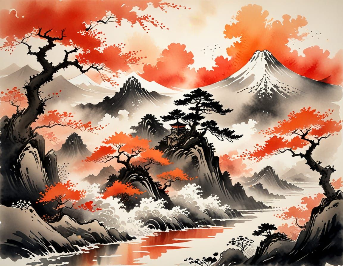 Surreal Japanese Landscape in Vibrant Watercolor
