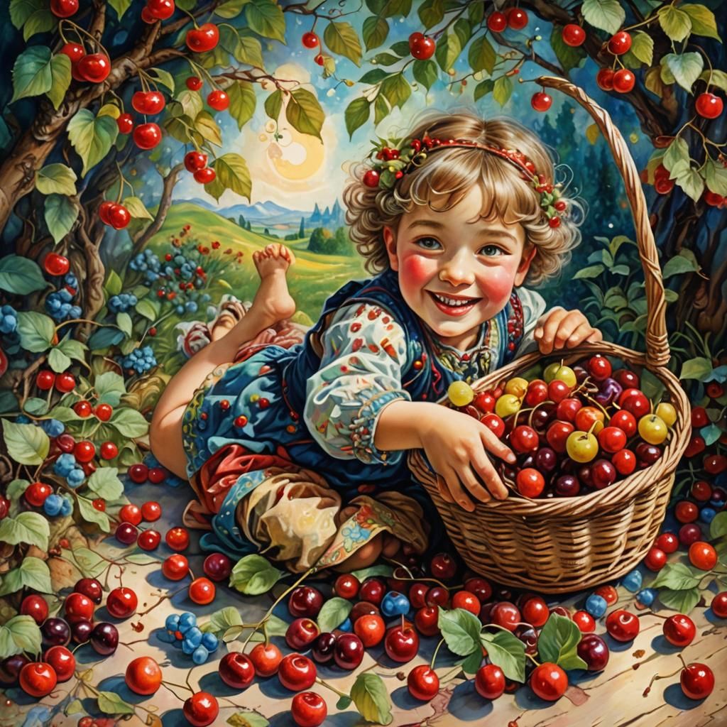 Child with Cherries in Visionary Art Style