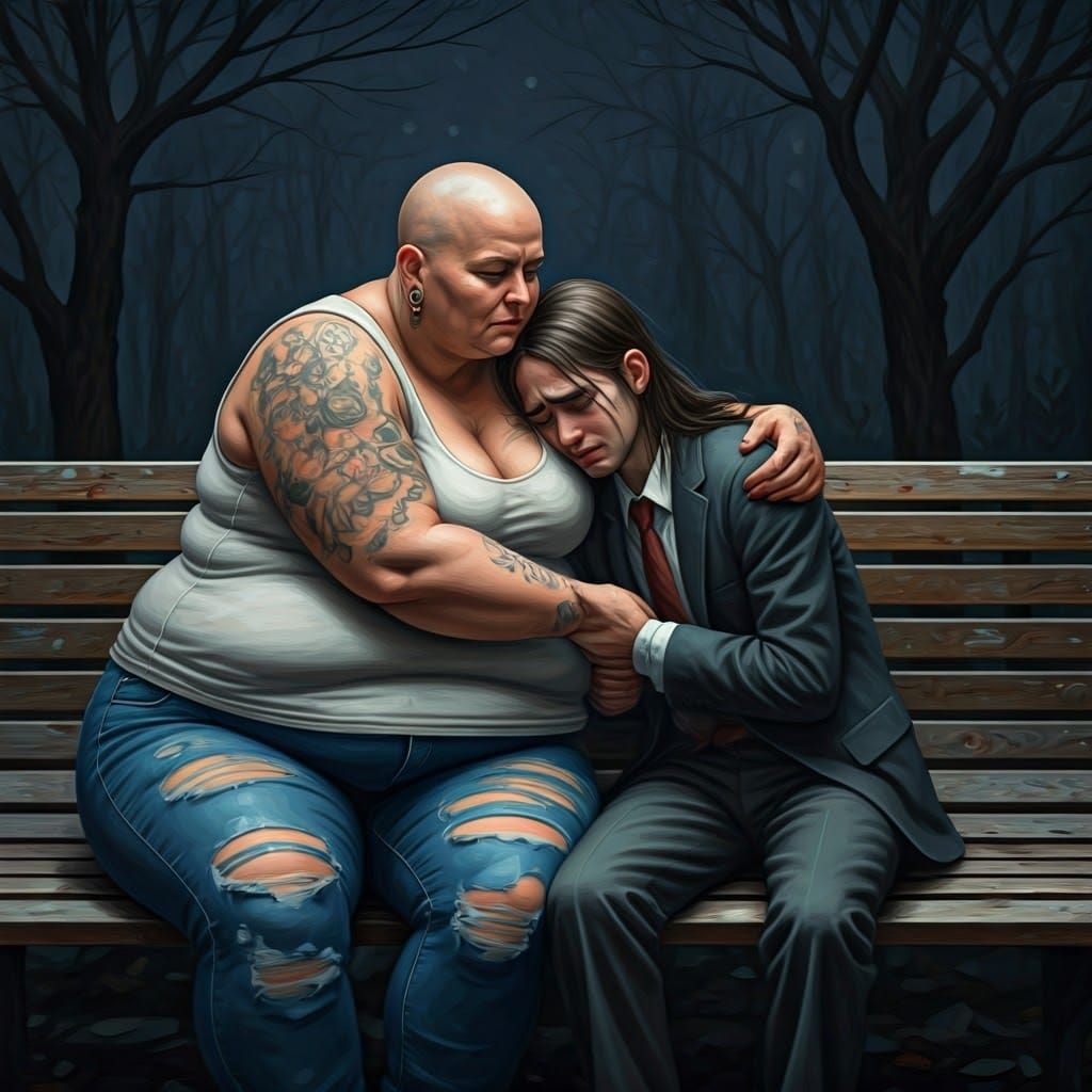 Comforting Woman and Crying Man: Realistic Oil Painting