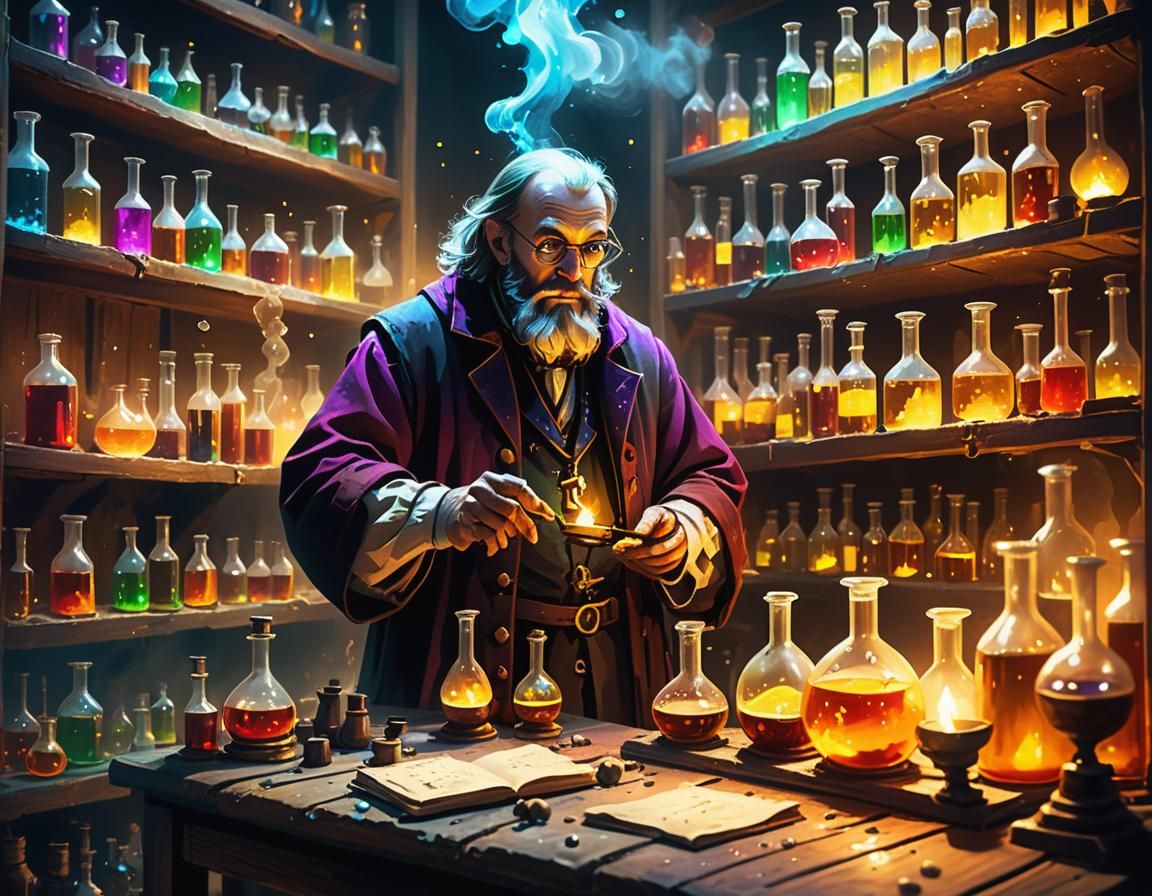 Alchemist in Laboratory: Vibrant Oil Painting Concept Art