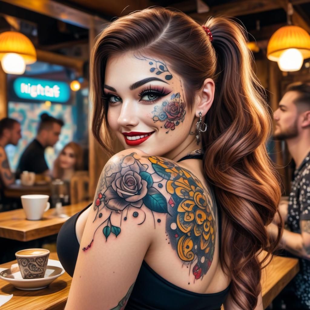 Attractive Woman with Tattoo in Restaurant