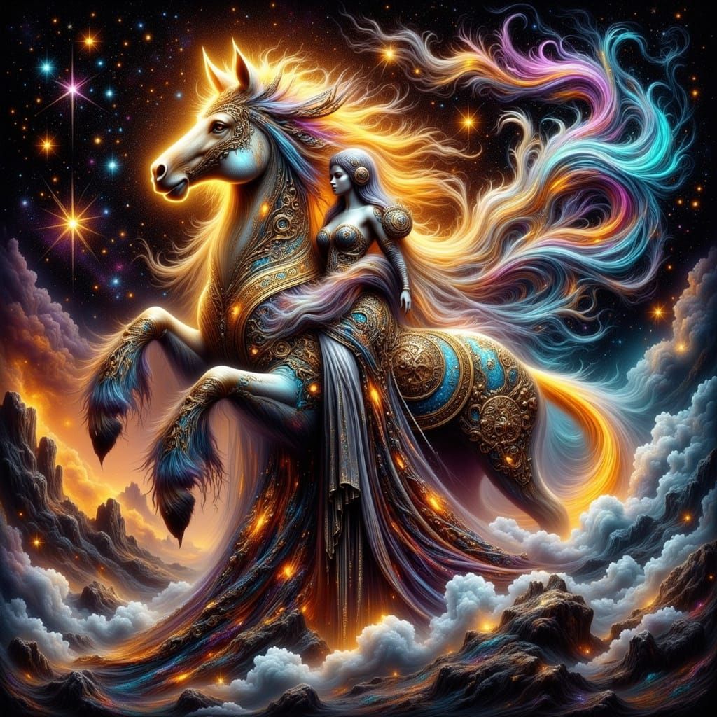 Steampunk Clockwork Goddess with Celestial Horse