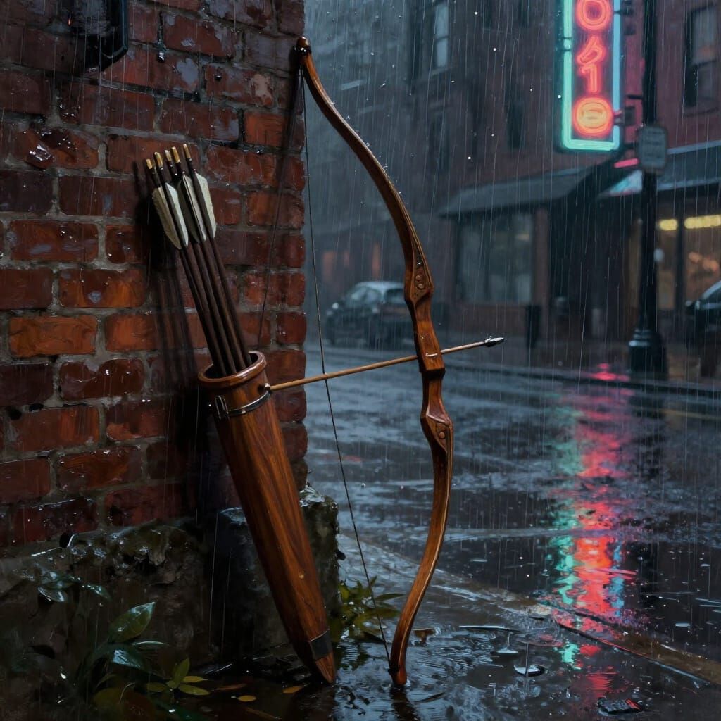 Bow and Arrows in Rainy City Street Noir Digital Painting