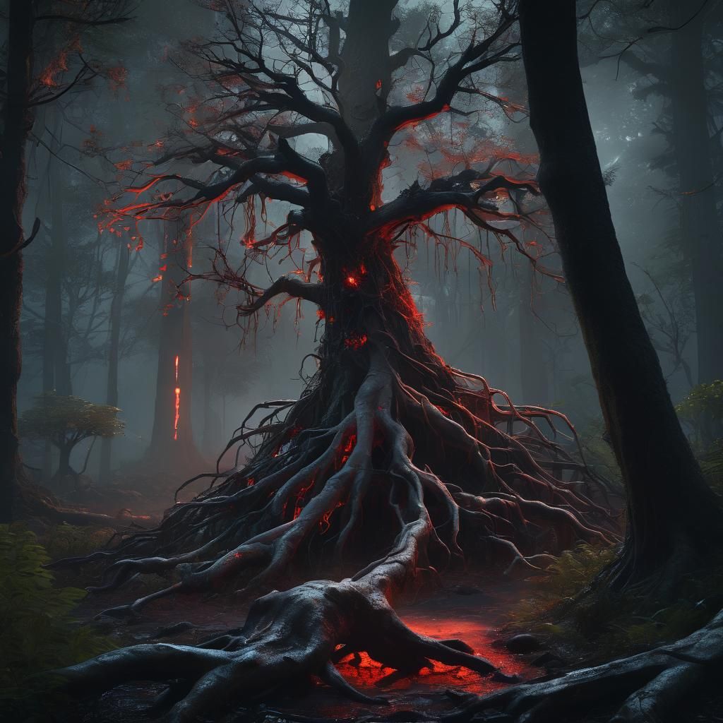 The eerie neon red glow illuminates twisted tree roots, mist...