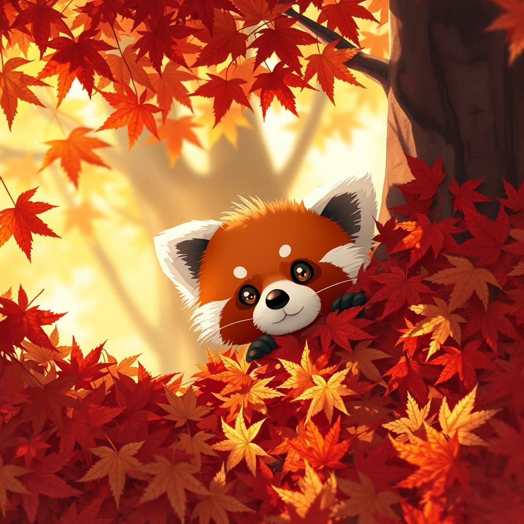 Mischievous Red Panda Hiding in Maple Leaves