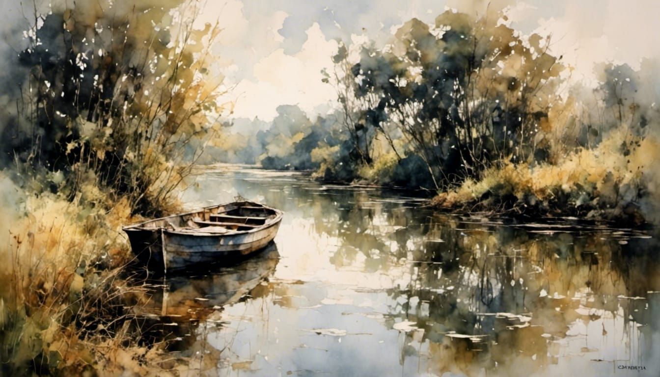 Boat Moored on River with Watercolor Reflections