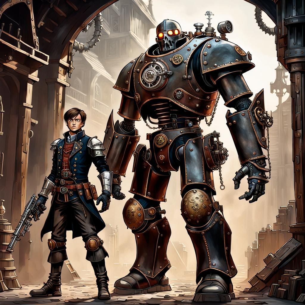 Steampunk Golem and Maker in Dungeon Cave