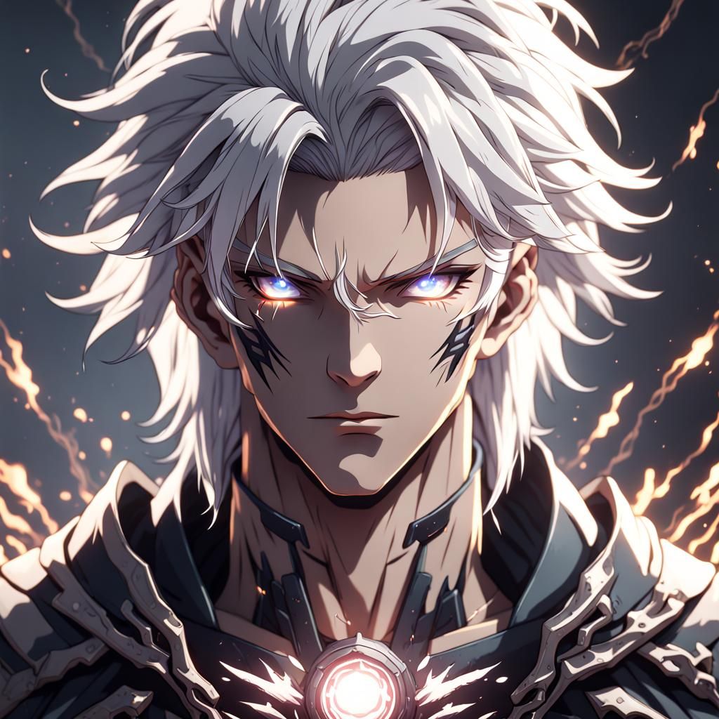 Anime Character with White Hair and Glowing Eyes