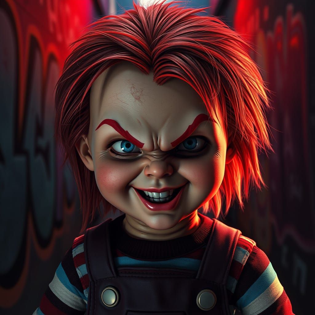 Evil Doll Chucky Emerges from Dark Alleyway Graffiti