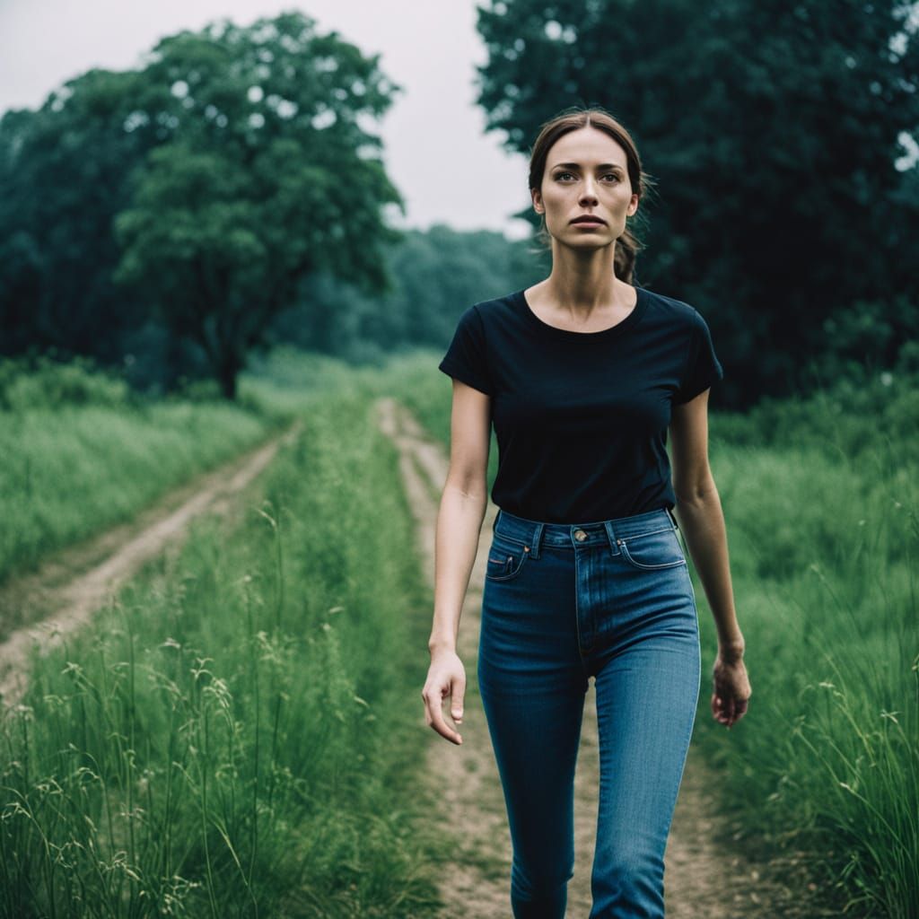 Ethereal Film Still: Young Woman Strolls Through Misty Lands...