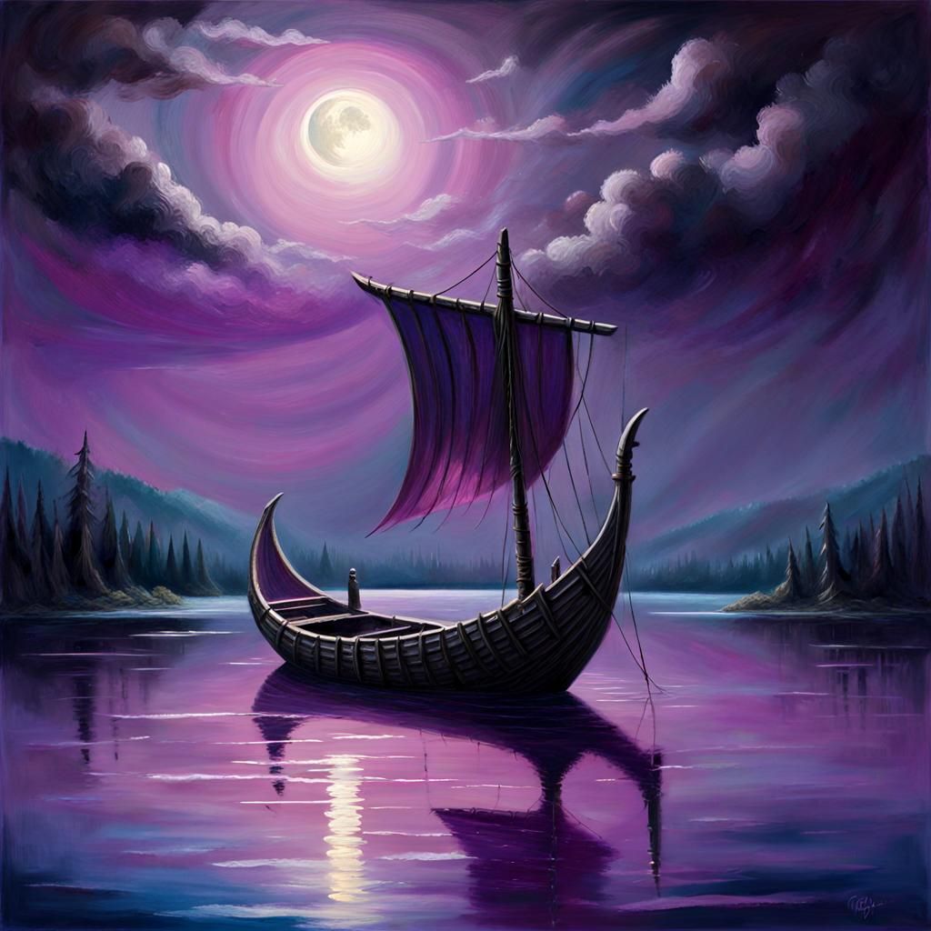 Viking Ship on Lake Under Purple Moon: Oil Painting