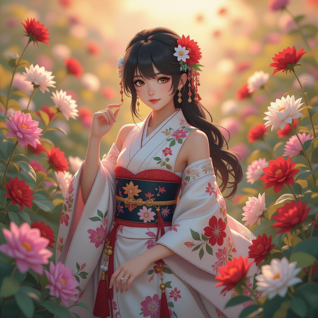 Elegant Girl Surrounded by Flowers in 3D Anime Art