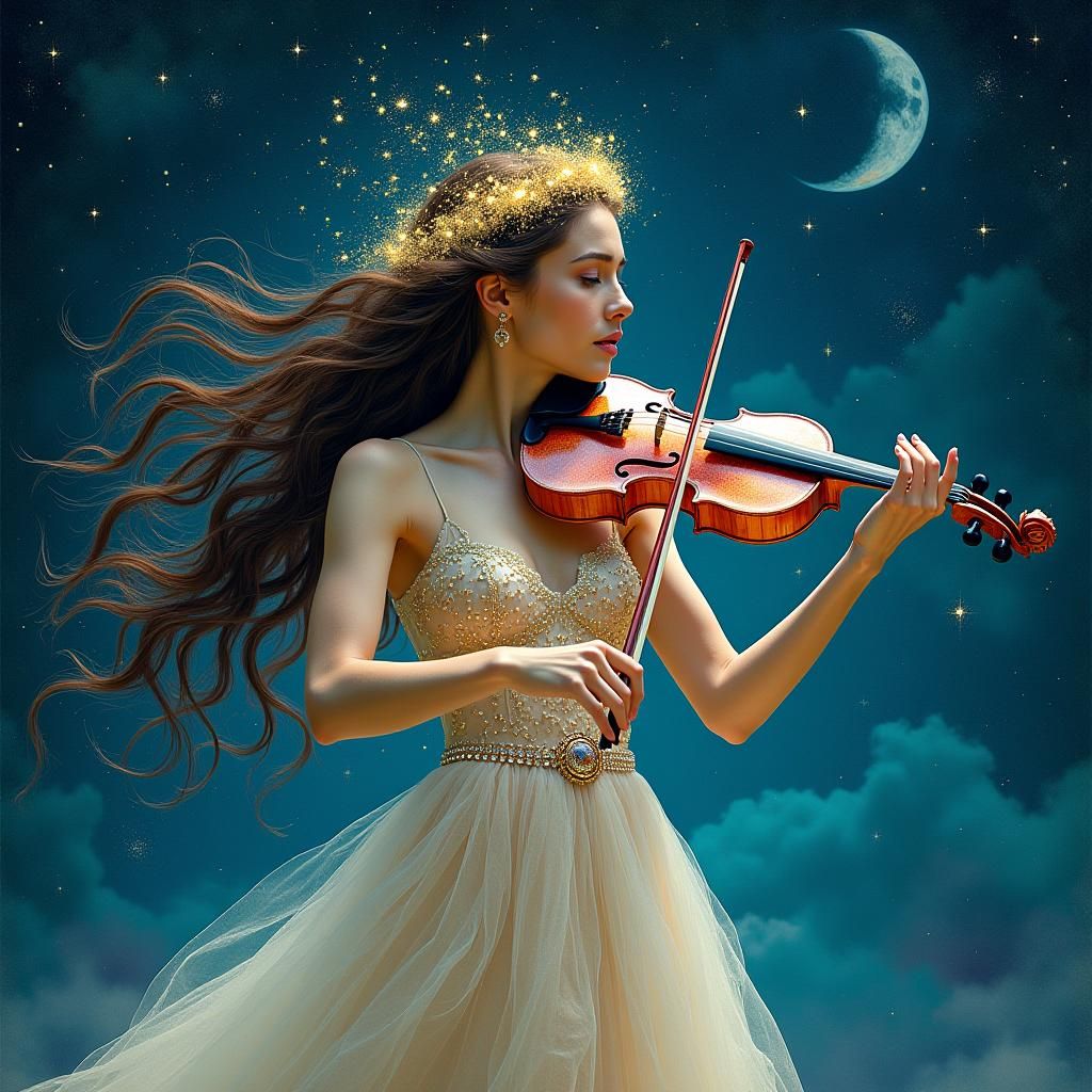 Woman Plays Violin Under Starry Night Sky