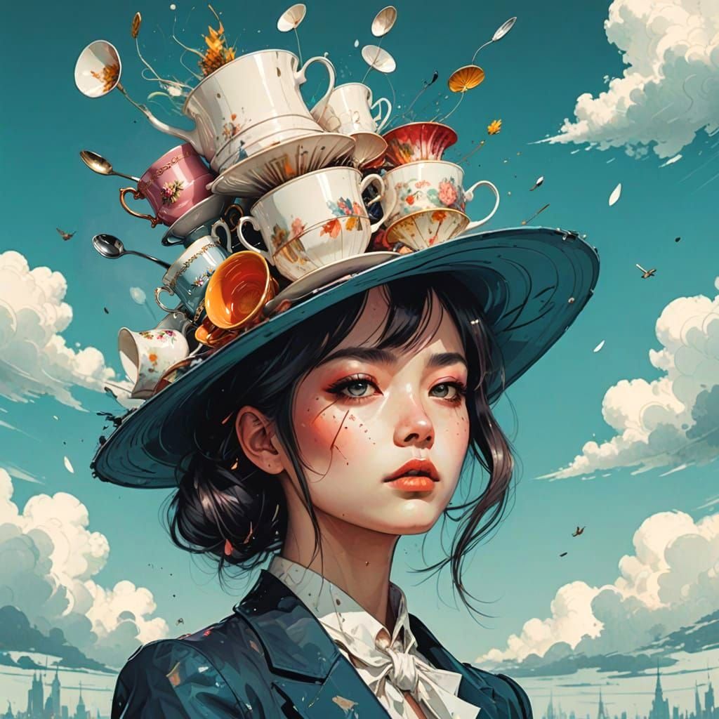 Chic Woman with Teacup Hat in Manga Style