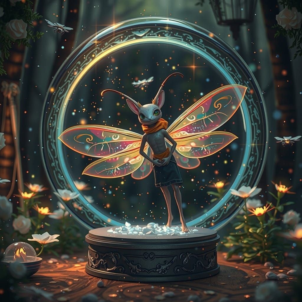 Surreal Snowglobe Scene with Iridescent Firefly in Digital A...