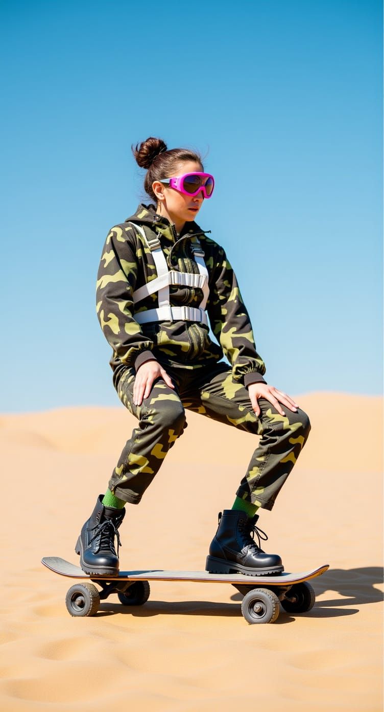 Skater Woman in Camouflage with Pink Goggles