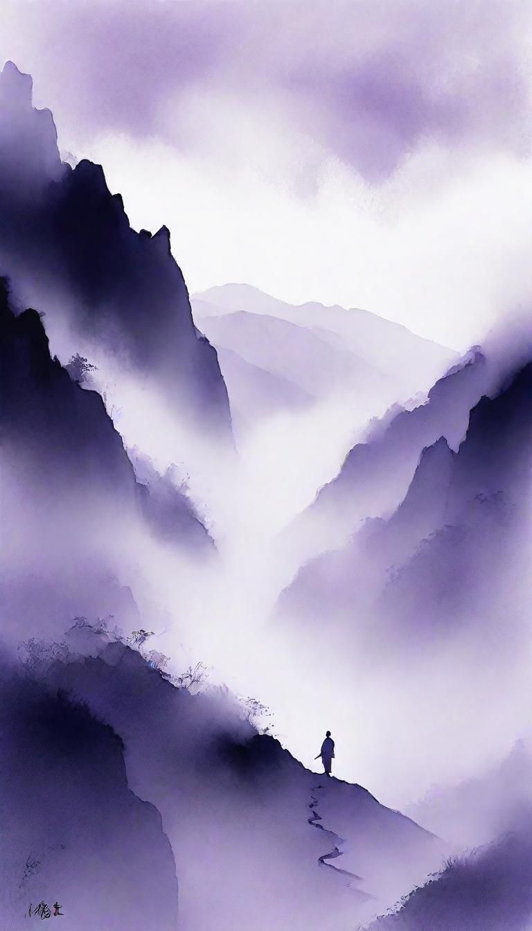 Contemplative Figure in Misty Mountainside