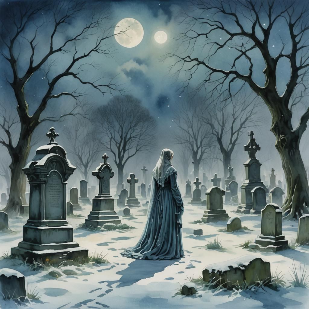 Ghostly Victorian Woman in Haunted Graveyard, Gouache Style