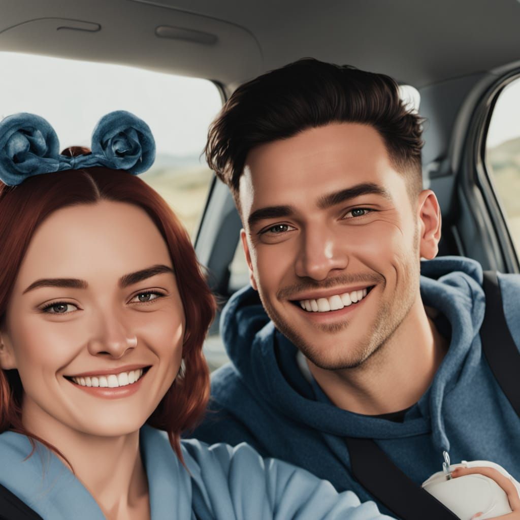 Joyful Car Selfie with Playful Accents