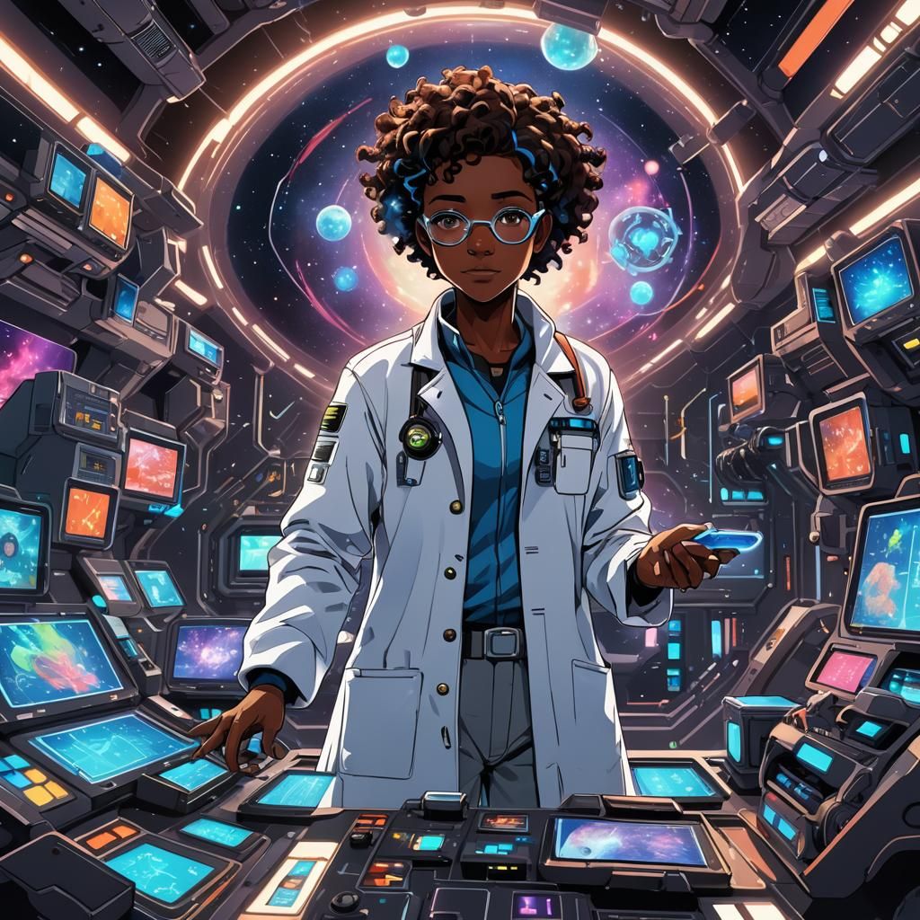 Galactic Scientist in Anime Style with Floating Lab Kit