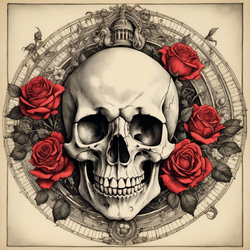 Centered Skull and Roses in Chroma Scape Style