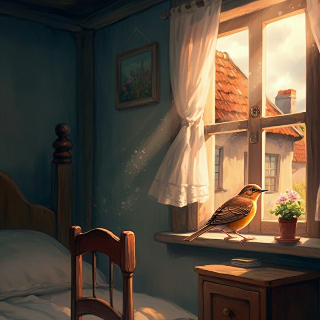 Bird on Village Girl's Window in Watercolor Style