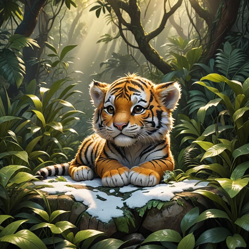 Cute Chibi Tiger Cub in Sunny Jungle Scene