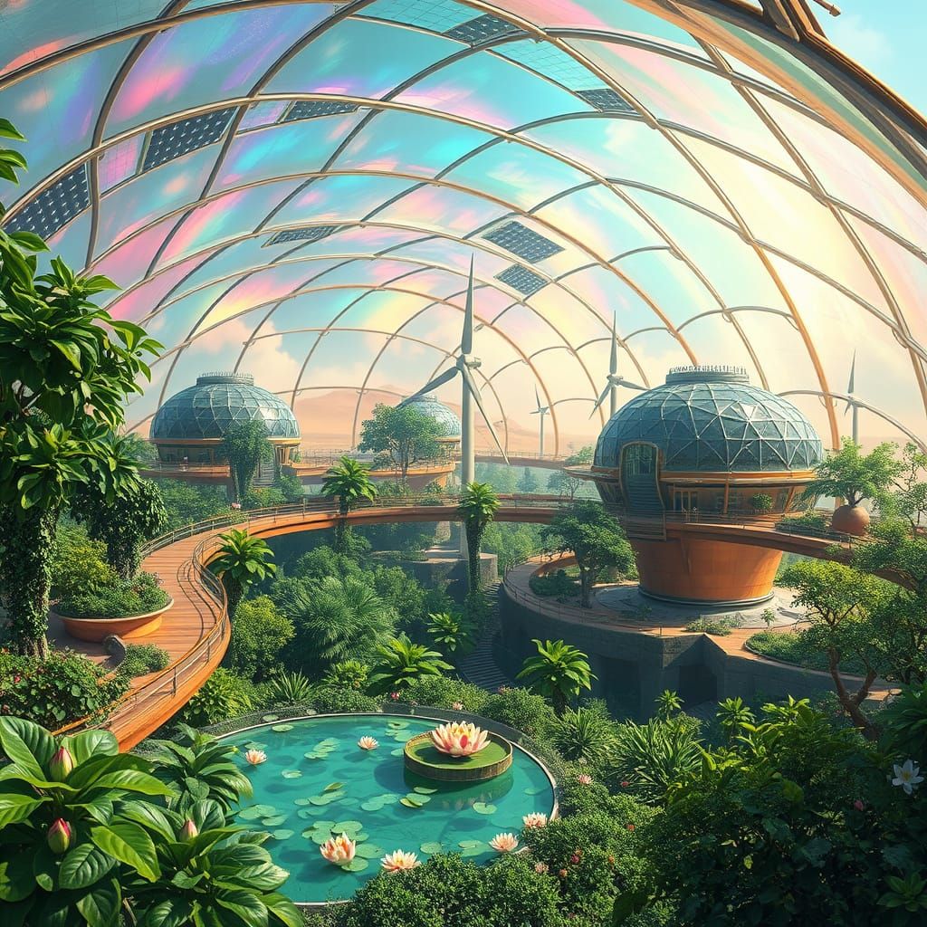Ethereal Solarpunk Oasis Thrives on Desert Planet