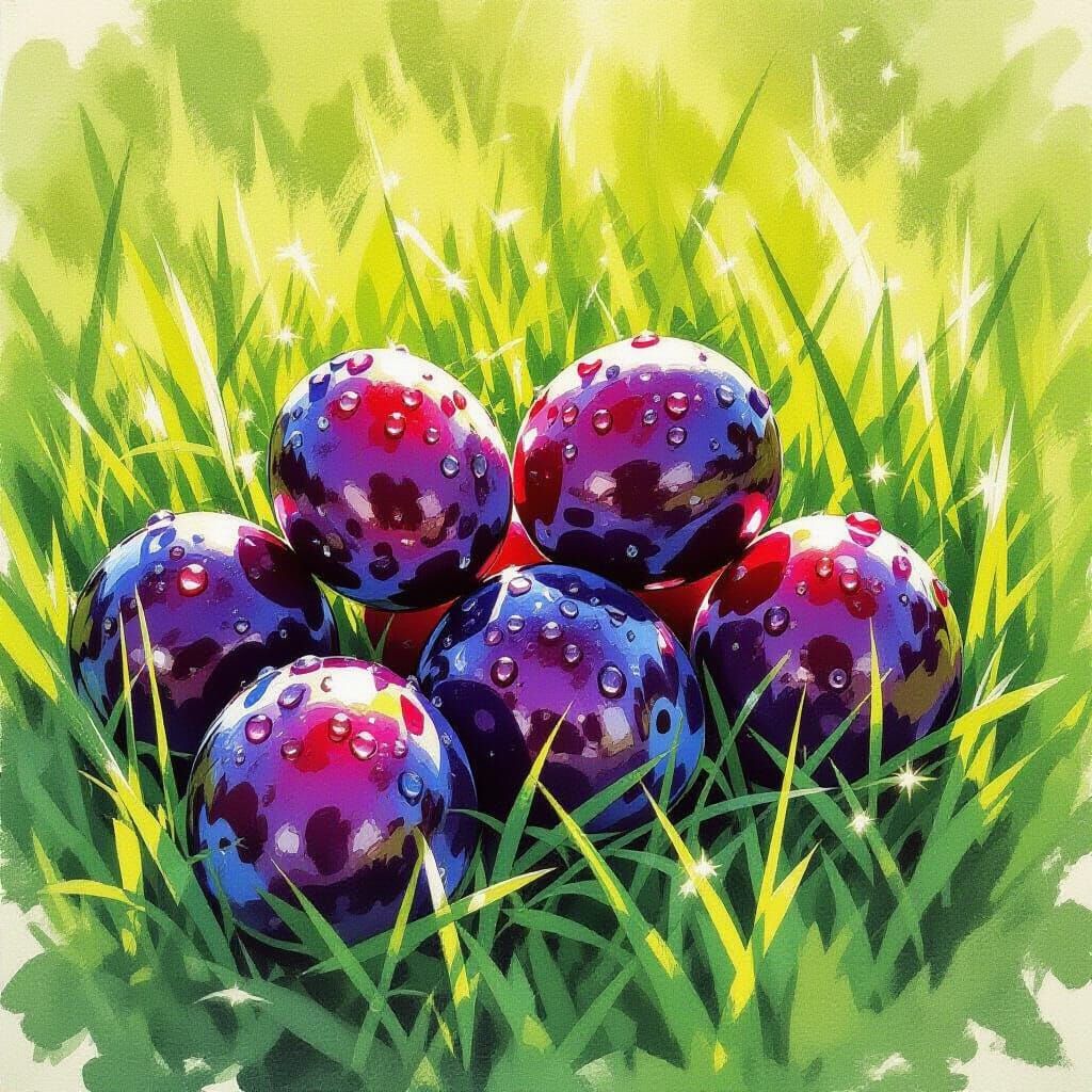 Renclod Plums in Grass: Vibrant Watercolor Sketch
