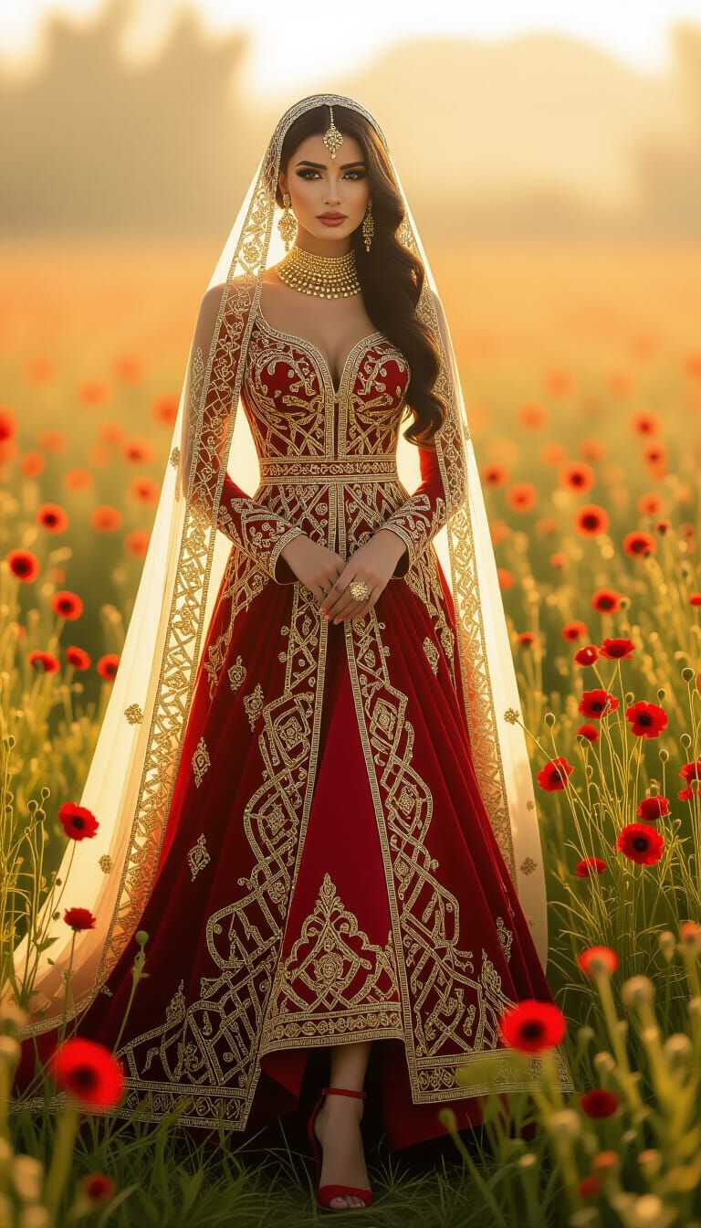 Arabian Woman in Red Gown in Lush Meadow