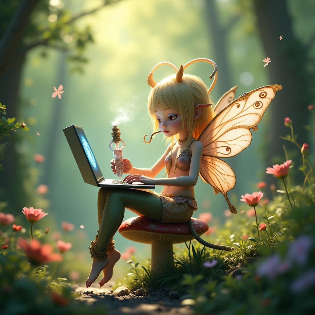 Whimsical Fairy Smokes Bong in Sunlit Forest Glade, Typing o...