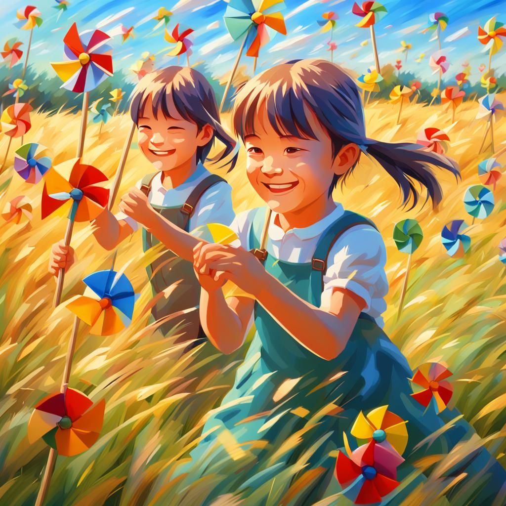 Anime Children Play with Windmills: 3D Vibrant Art