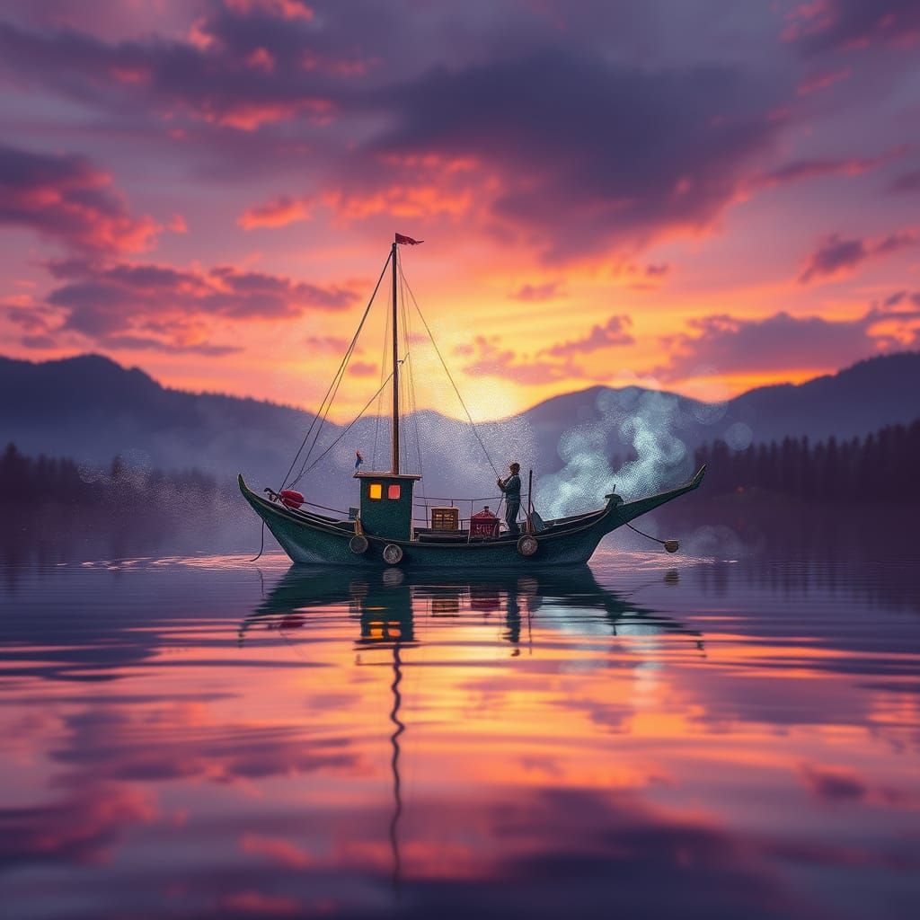 Whimsical Lake Scene with Fishing Boat in Dreamy, Iridescent...