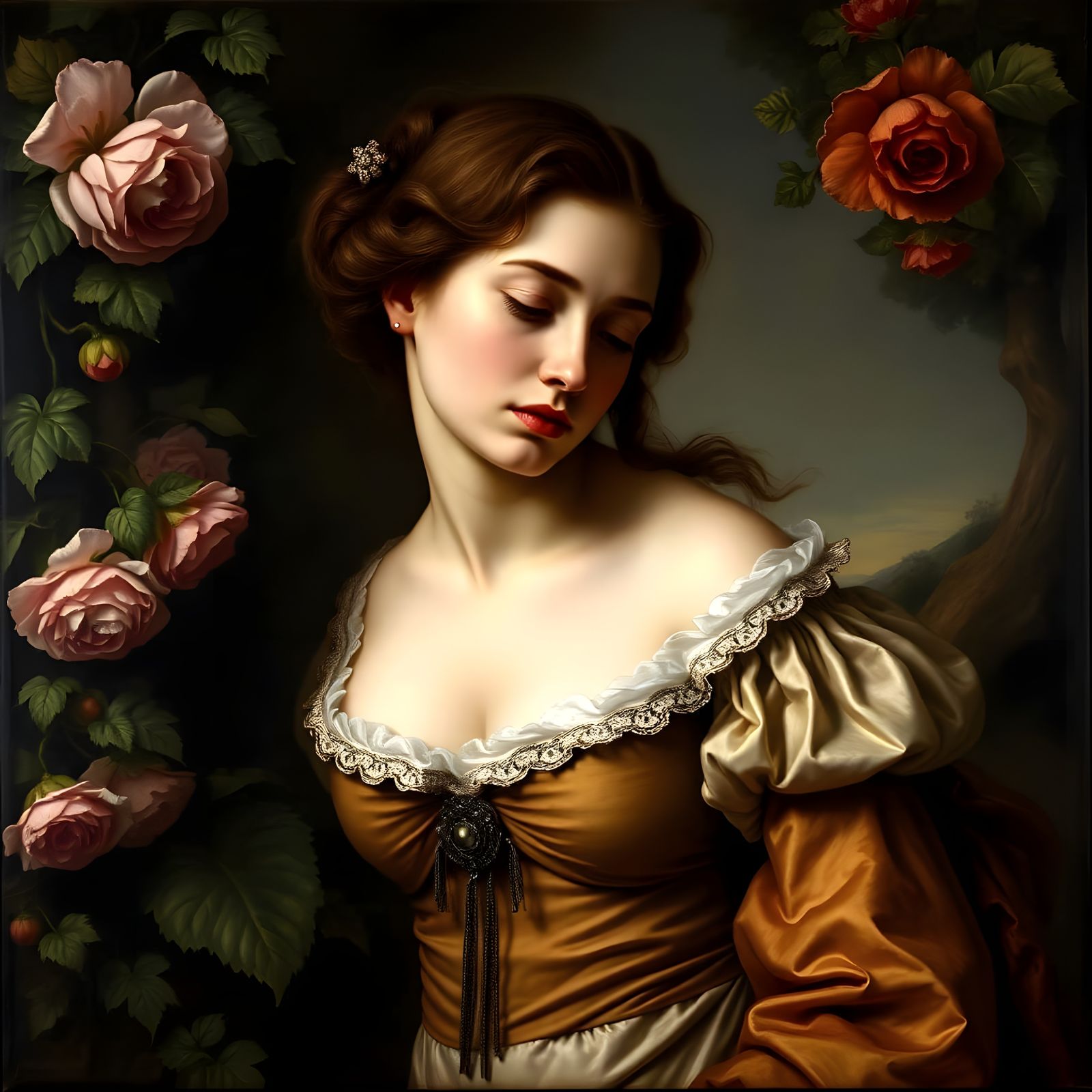 Baroque female, sadness, lush backdrop, canvas, suminagashi ...