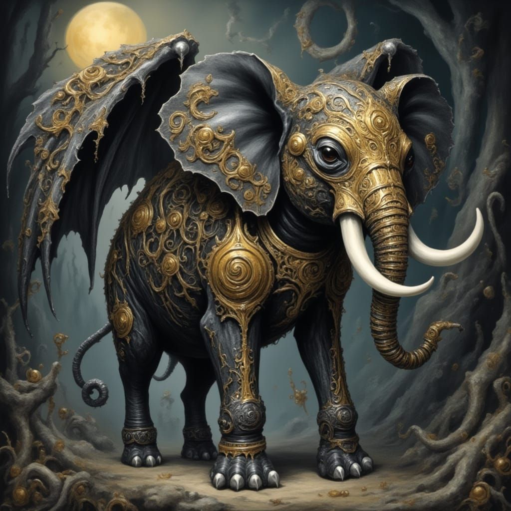 Majestic Gothic Elephant with Golden Armor Under Moonlit Ski...