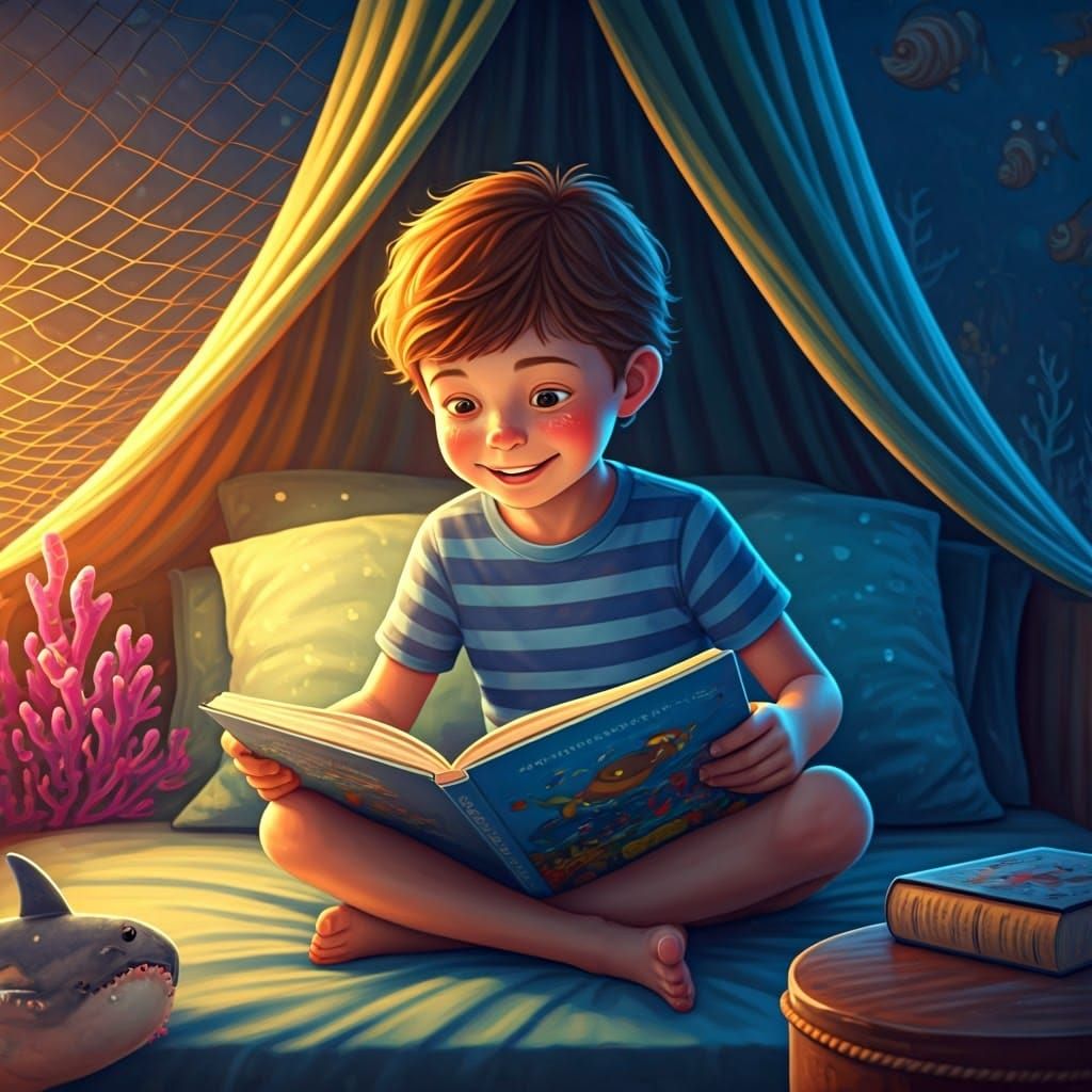 Whimsical 3D Rendering of a Boy in a Cozy Sea-Themed Room