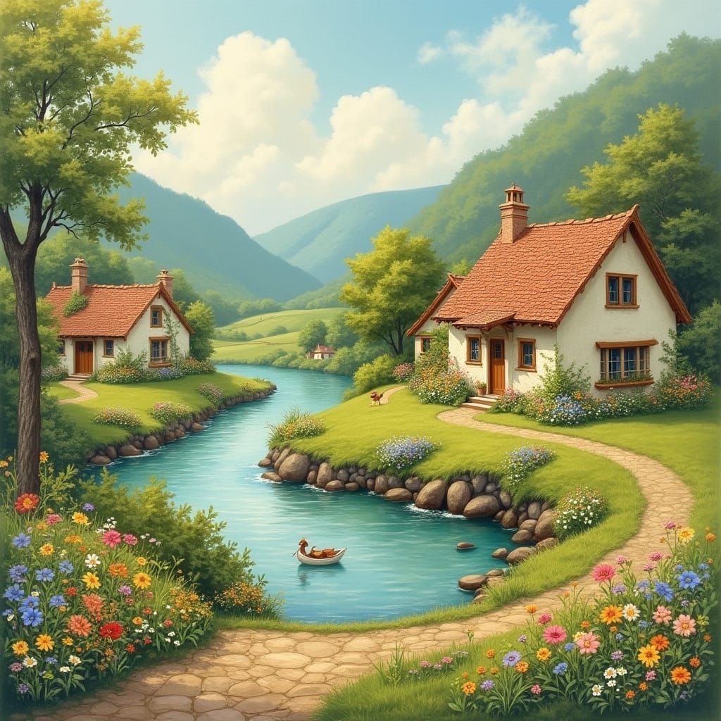 Quaint Cottage in Lush Valley: Painterly Style