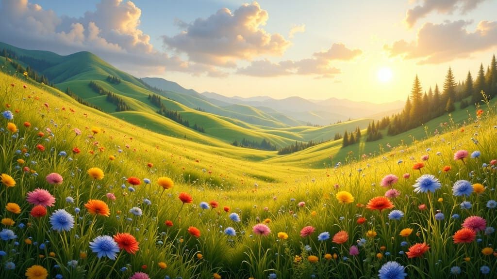 Sunlit Meadow with Wildflowers in Bierstadt Style