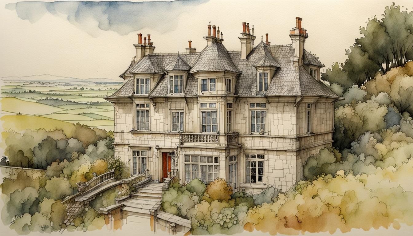 Architectural Sketch of British Landhouse in Watercolor