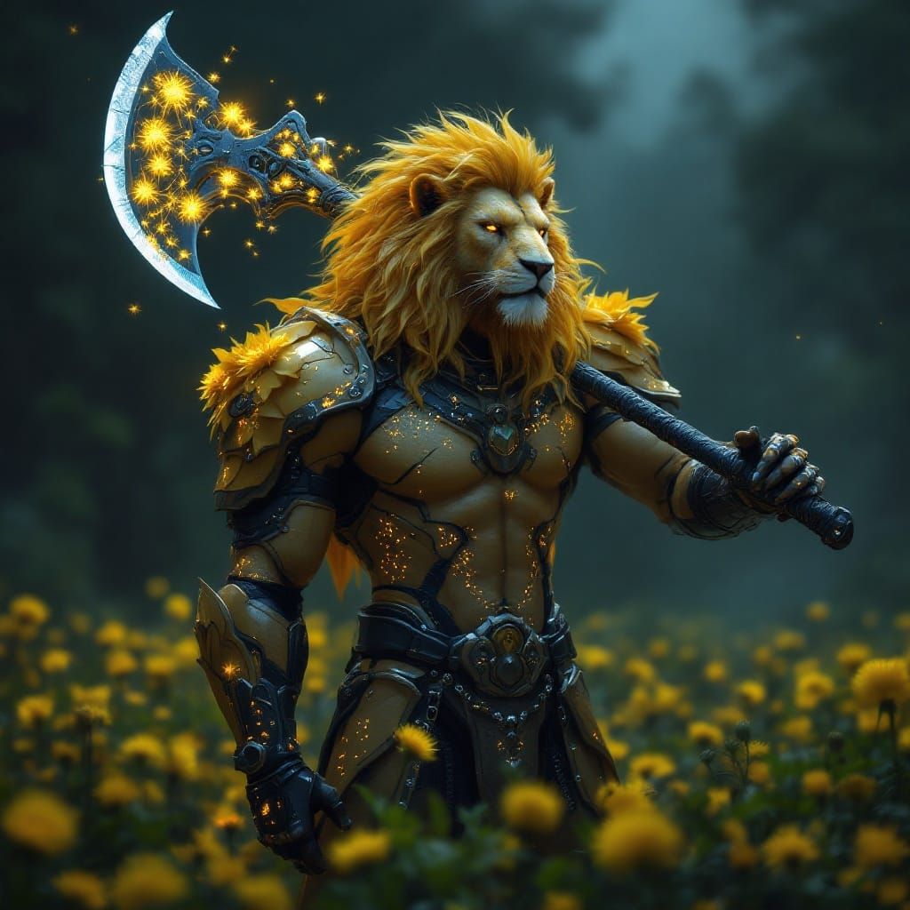 Cyberpunk Dandy-Lion Warrior in Rococo-Inspired Cybertech Ar...