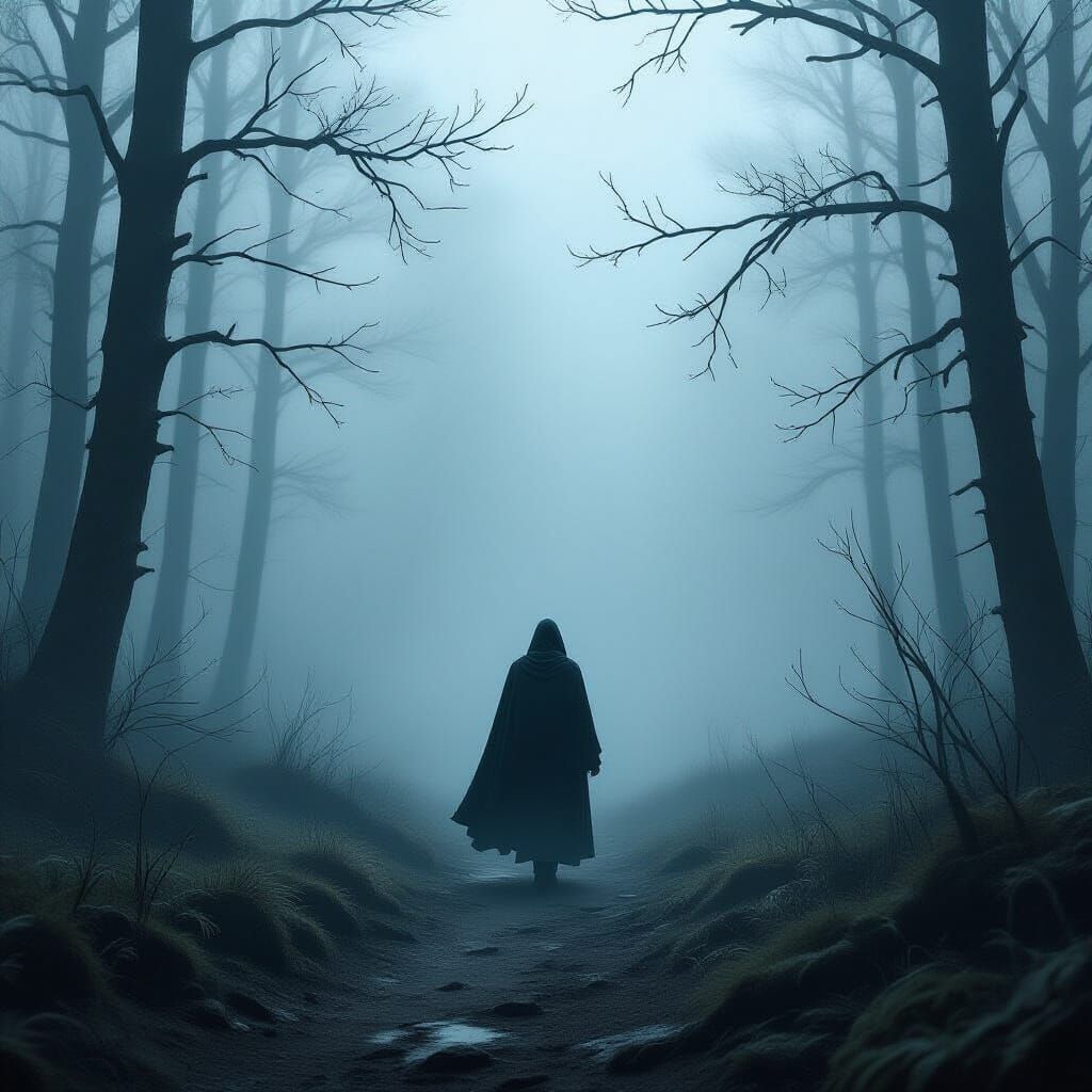 Dark Fantasy Cloaked Figure in Foggy Forest
