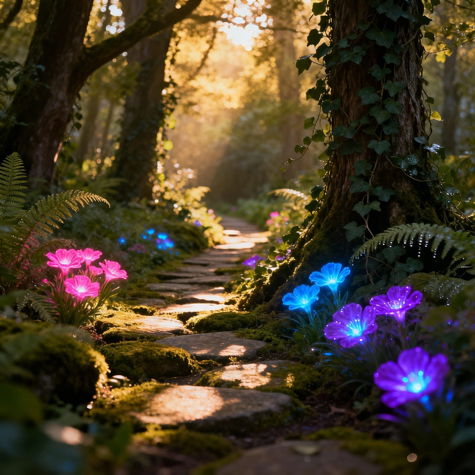 Enchanted Forest Garden Path with Luminous Flowers