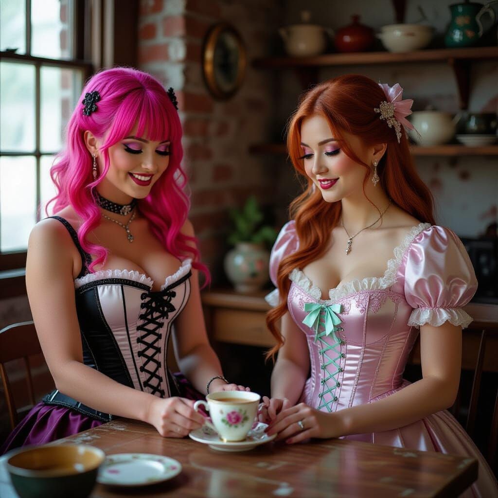 Two Women Sharing Tea in a Workshop, Cinematic Film Still