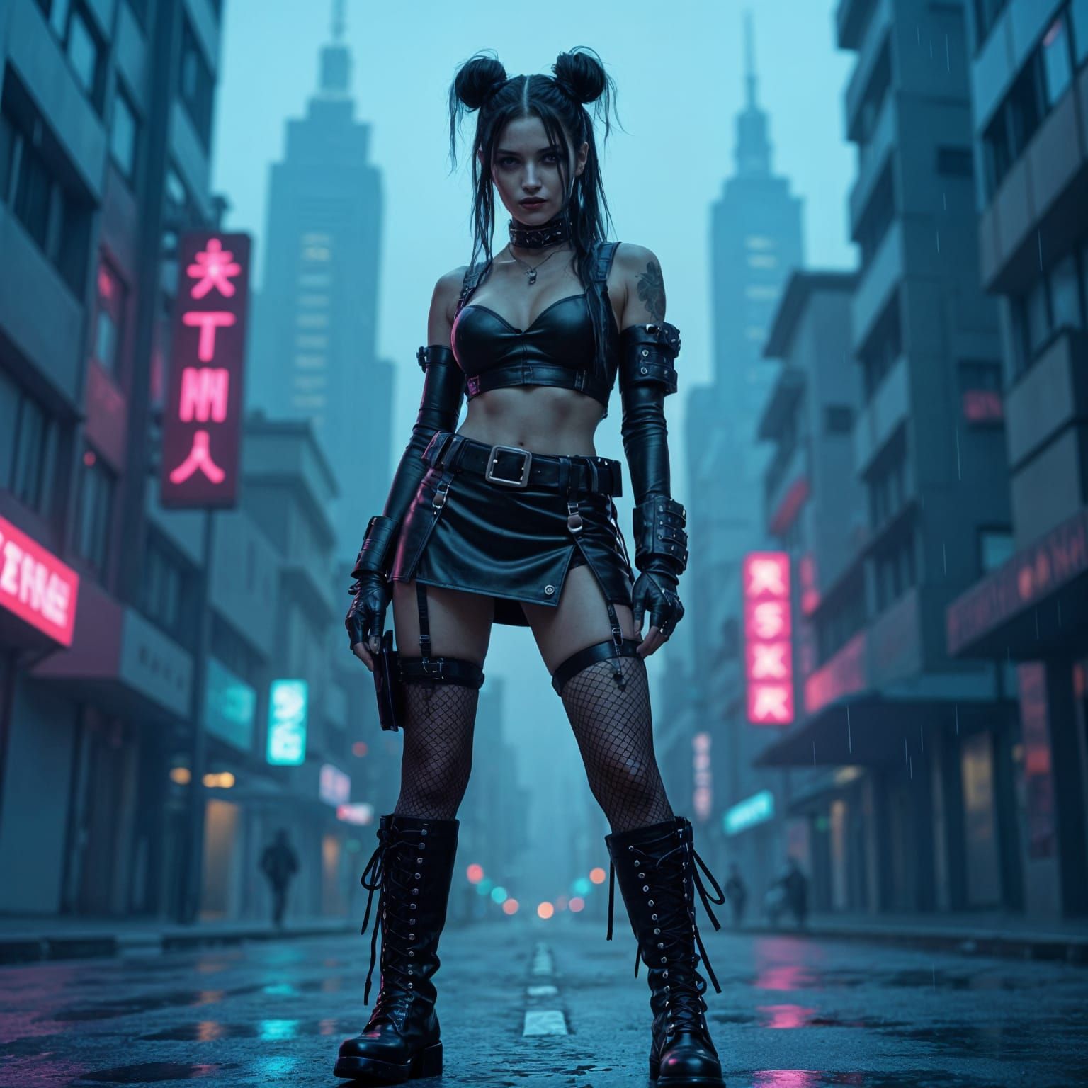 Cyber-Goth Woman in Dystopian Cityscape, Cyberpunk Gothic Ar...