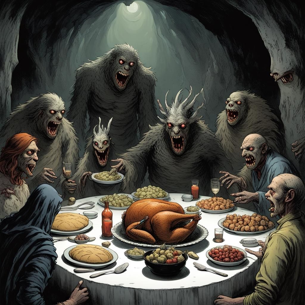 Monsters Celebrate Thanksgiving in Dark Cavern: Doré Style