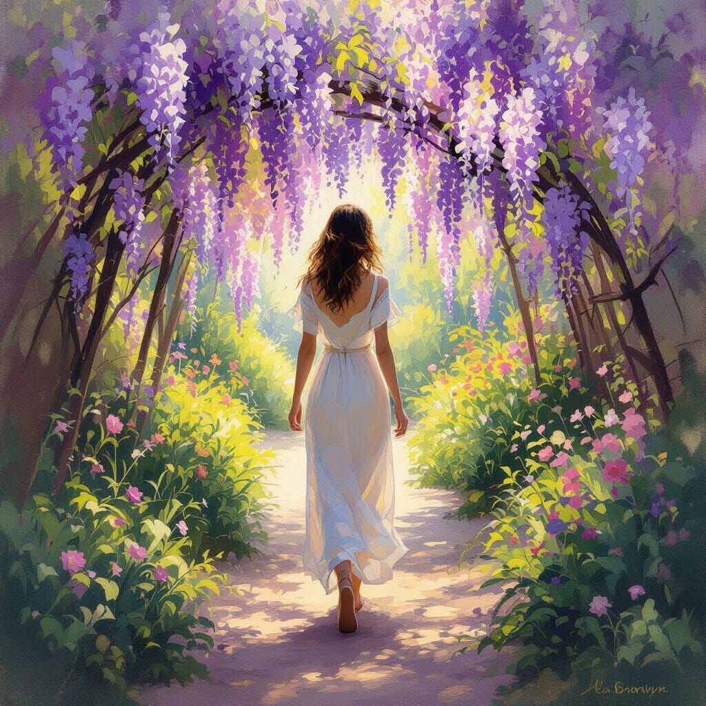 Impressionistic Wisteria Garden Scene with Serene Woman