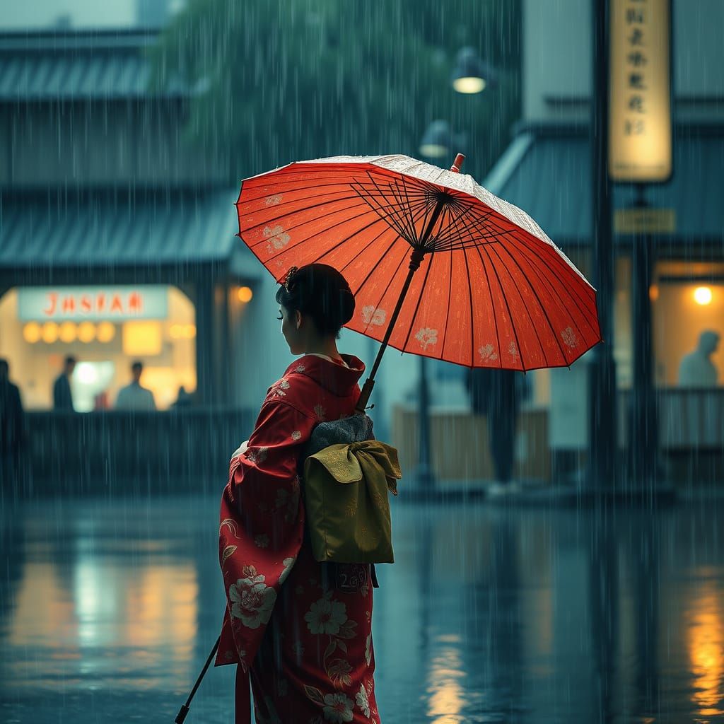 Geisha Walking in Rain with Umbrella