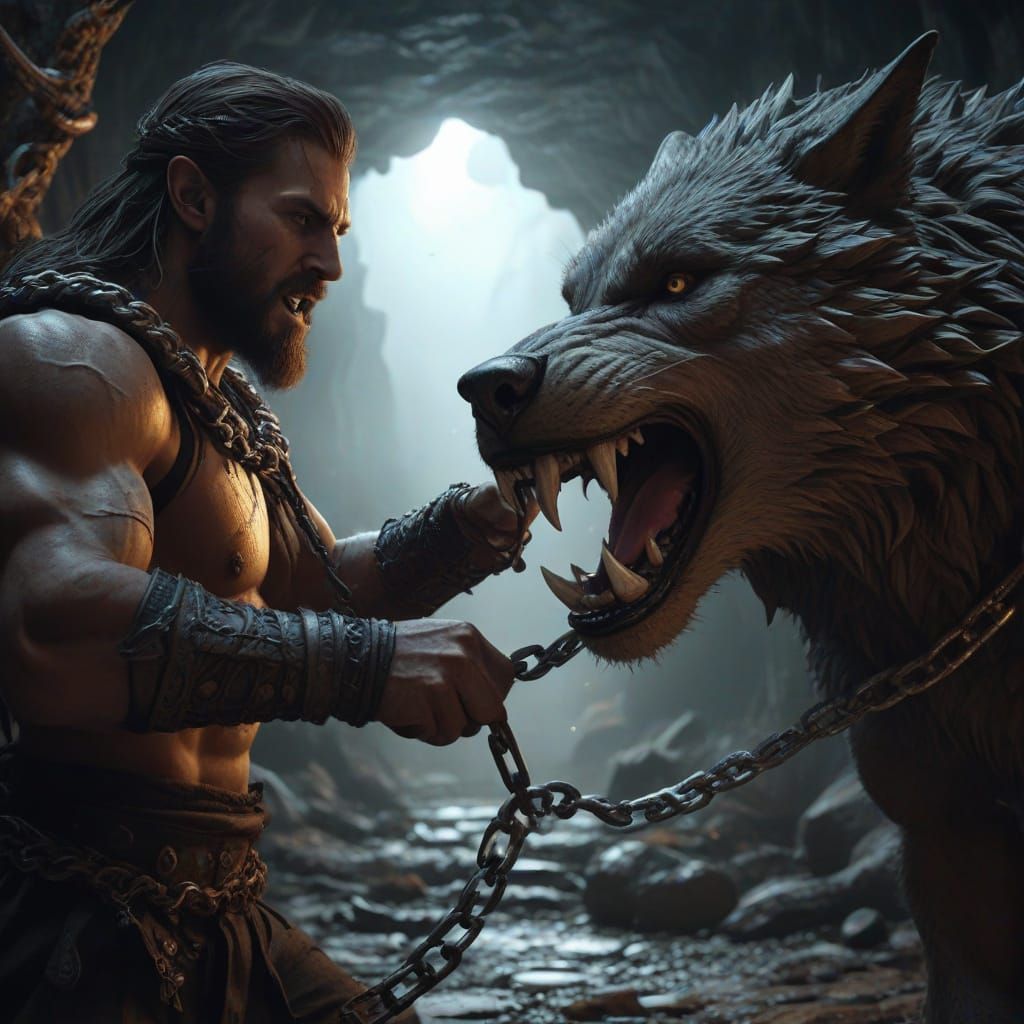 Norse God Tyr Bravely Faces Fenrir in a Dark Cave