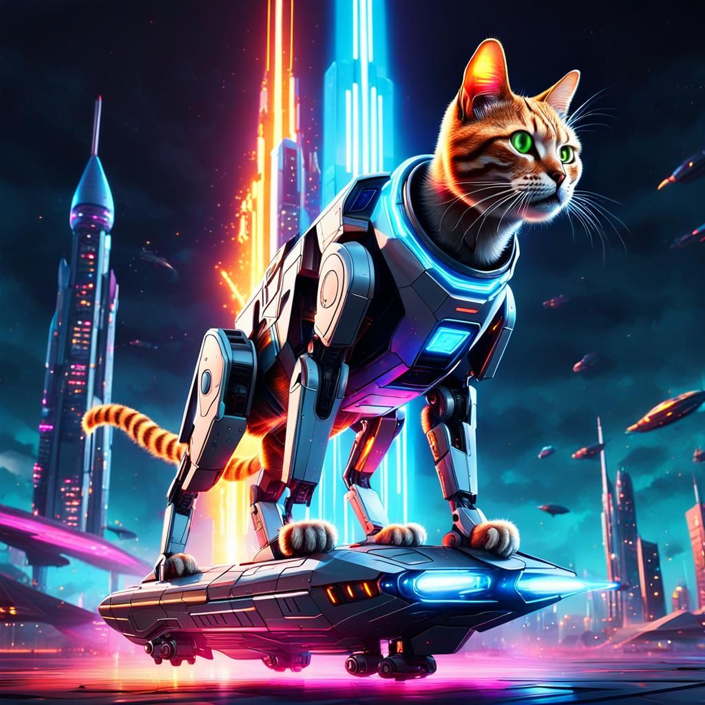 Cyberpunk Robot Cat Spaceship Launches into Orbit