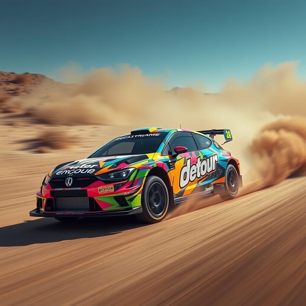 Rally car wrapped in "detour" artwork